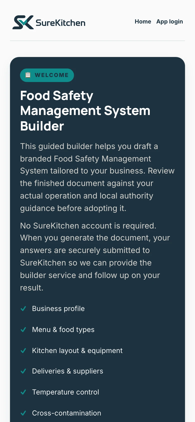 SureKitchen mobile Food Safety Management System Builder